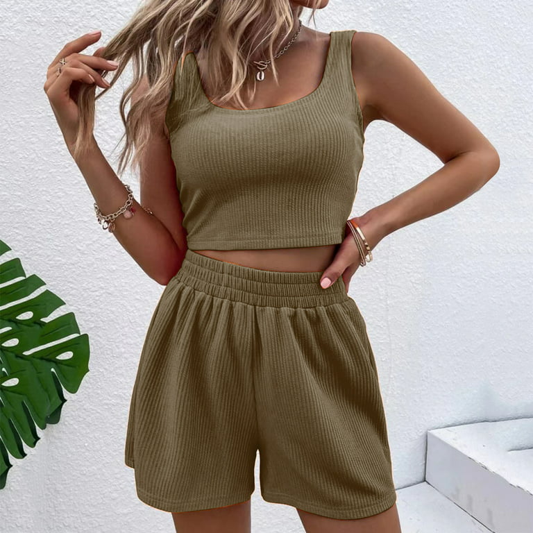Women's Fashion Casual Outfits Clothes Set 2 Piece Sleeveless Solid Color  Top High Waist Shorts Women Trendy Stylish Clothing Suits Female Leisure