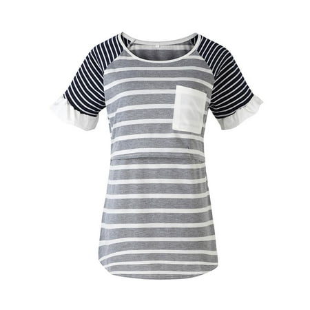 

asdoklhq Maternity Clothes for Women Clearance Stripe Print Short Sleeve Pregnant Woman Breastfeeding Casual Clothe Top