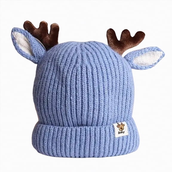 UngA Baby Beanie Hat Cute Antlers Reindeer Crochet Knitted Hat Winter Warm Cap for Toddler Boys Girls (Blue,0-24 Months)