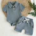 thumbnail image 2 of Gubotare Boy Girl Clothes Summer Set Solid Short Sleeve Baby Side Snap Bodysuit Shorts Coming Home Outfit 0 3 6 12 18 24 Months (Blue,12-18 Months), 2 of 5