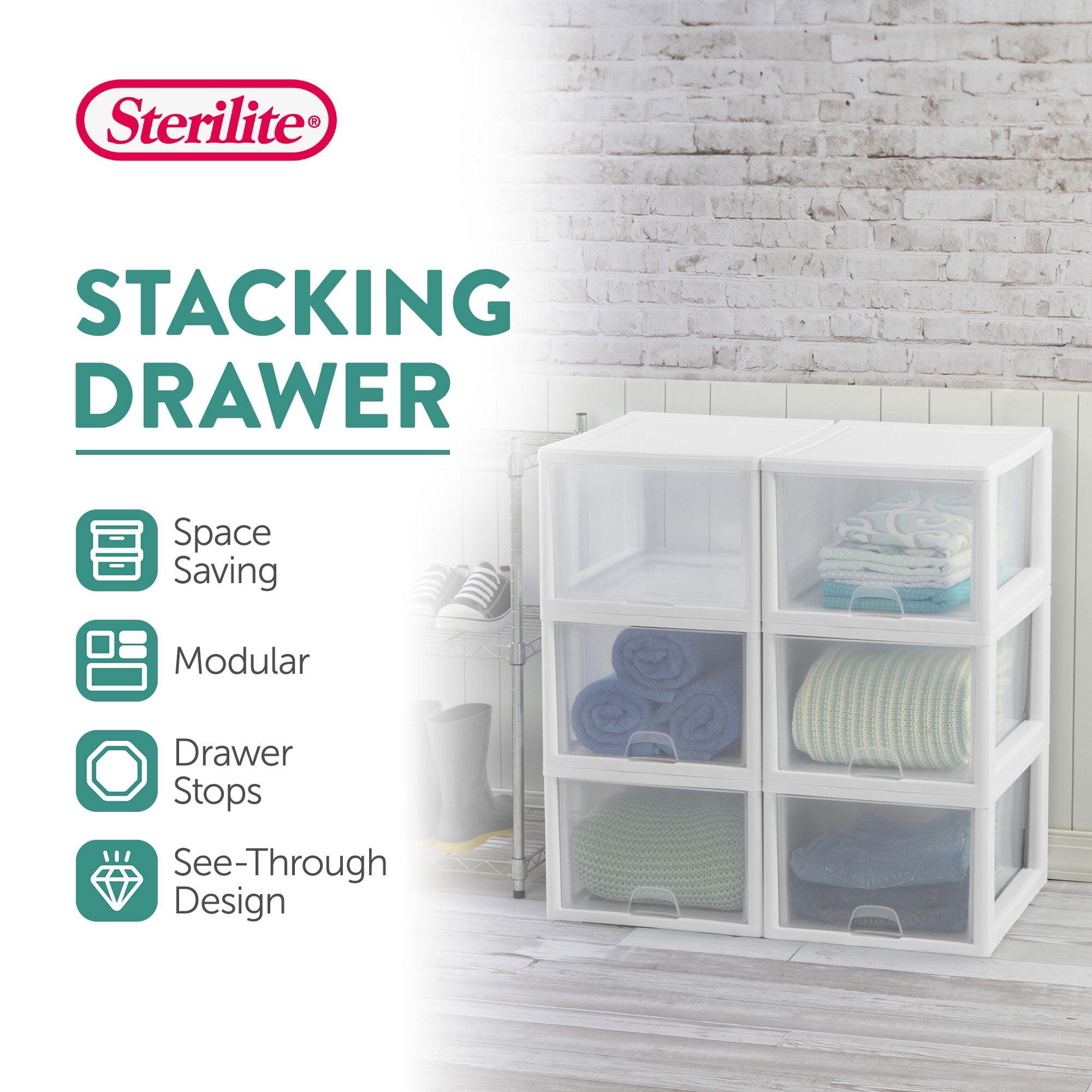 Sterilite 27 Qt Stacking and Modular Plastic Storage Drawers, White Frame, 4 Pack
