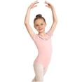 thumbnail image 3 of MKOSPLRT Girls Ballet Leotard Ruffle Crewneck Gymnastics Slim Fit Romper Tights Short Sleeve Dance Bodysuits Leotard for Kids Pink 9-10 Years, 3 of 6