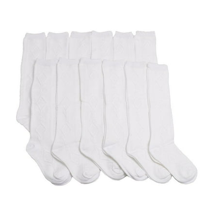 

12 Pair Dozen Girls Premium Cotton Knee High Socks Multiple Colors (White Pattern (3102P) S - (4-6))