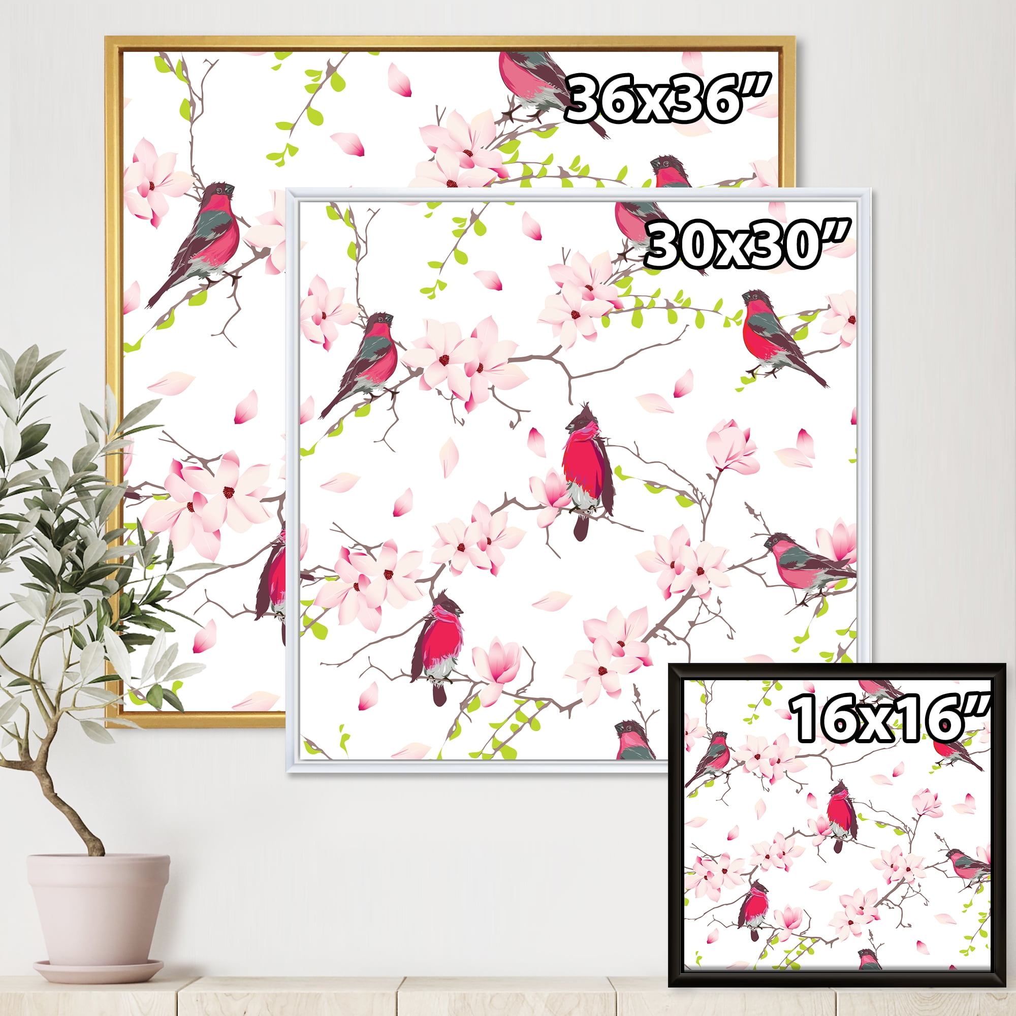Designart 'Red Bullfinches Sitting On Magnolia Tree' Traditional Framed Canvas Wall Art Print