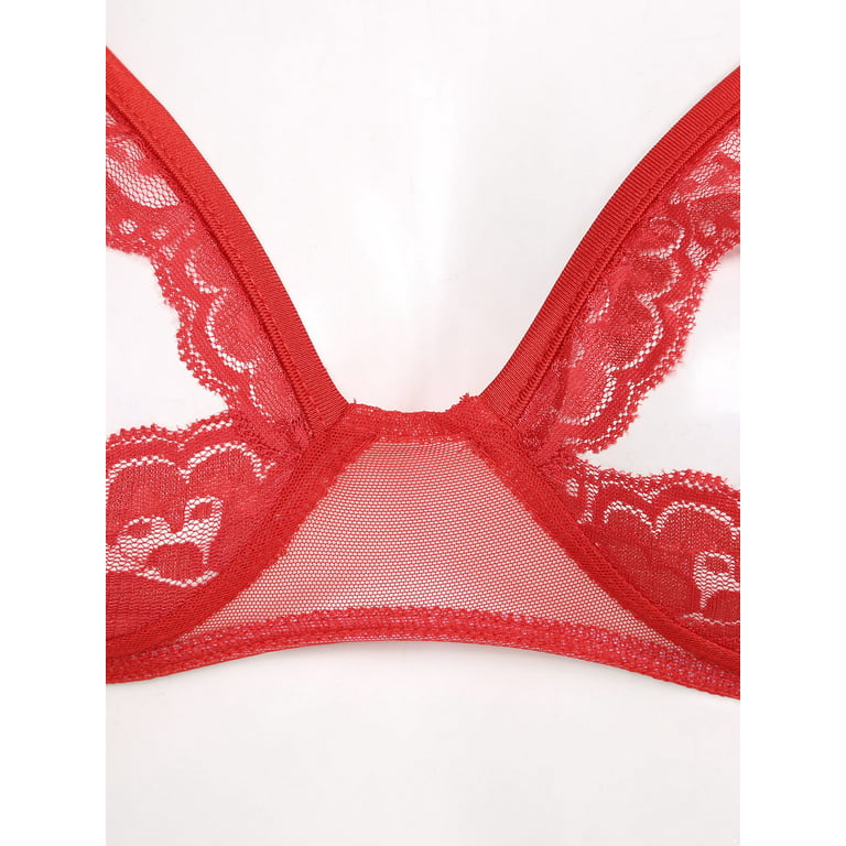 YONGHS Woman Lace Sheer Open Tip Nipples Wire-free Triangle Unlined Bra  Hollow Out Cage Bralette Red M