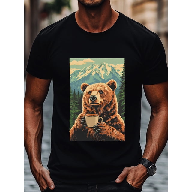 Bear and coffee Design Graphic Men' s T- Shirt, Casual Cotton Crew Neck Tee, Machine Washable, Summer Streetwear for Adults,