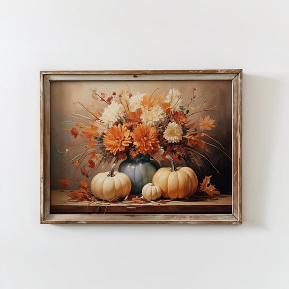 White Pumpkin Wall Art Fall Floral Poster Vintage Autumn Decor , Poster Print Only