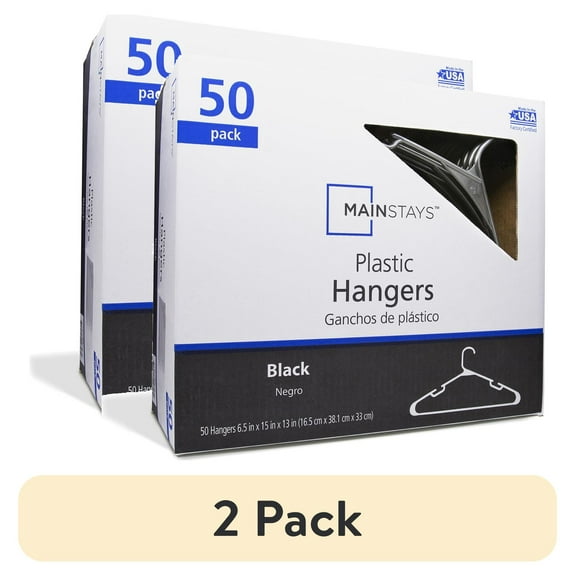 (2 pack) Mainstays Black Plastic Clothes Hangers, 50-Count, Lightweight and Durable