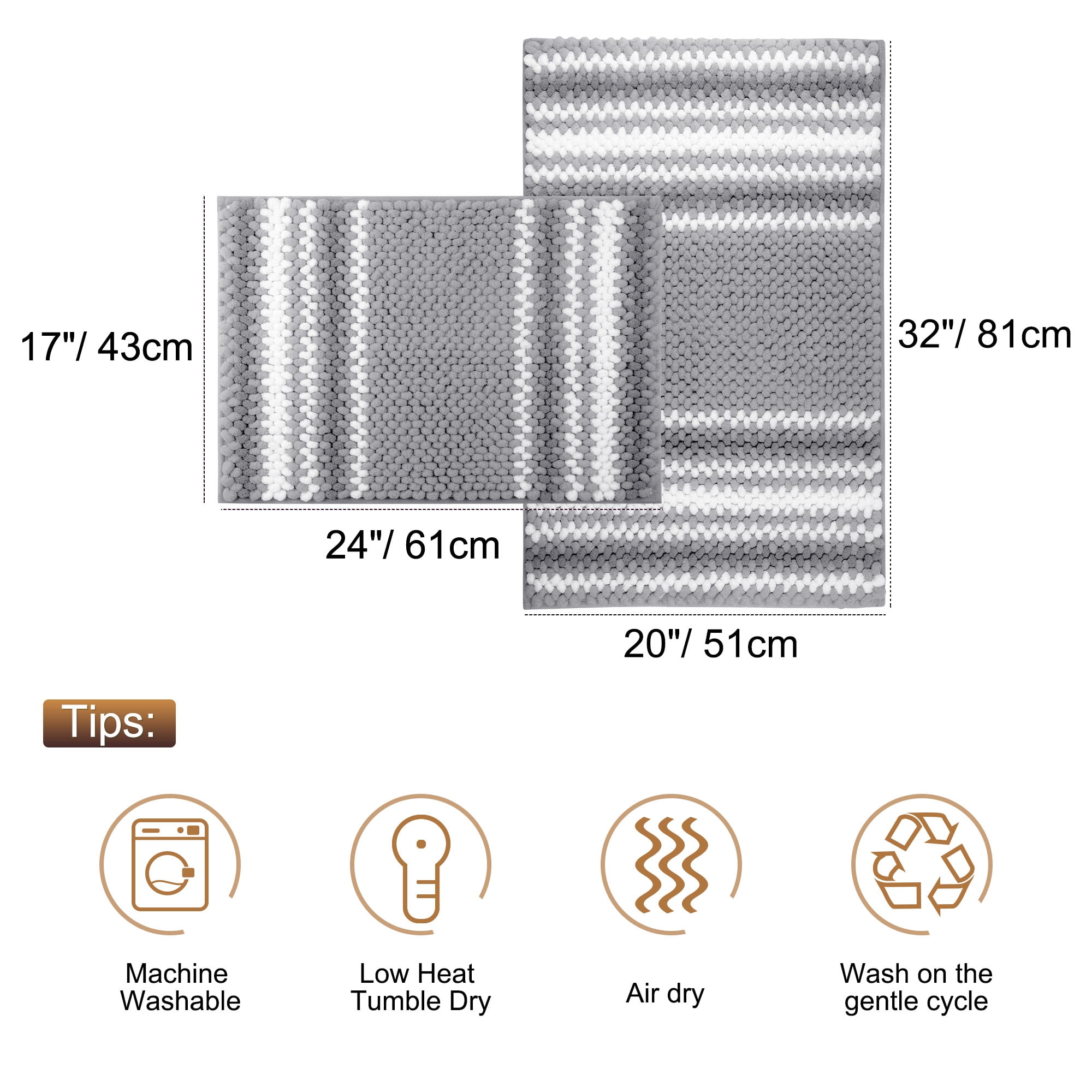 PiccoCasa 2Pcs Chenille Bathroom Rug Set Nonslip Absorbent Dark Gray 17x24" & 20x32