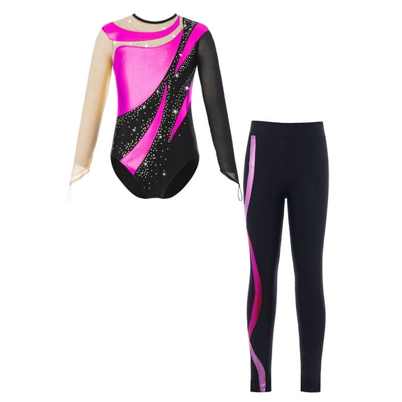 iEFiEL Kids Girls Gymnastics Dance Outfit Long Sleeve Metallic Contrast Leotard with Striped Pants Ice Skating Outfit Hot Pink 16