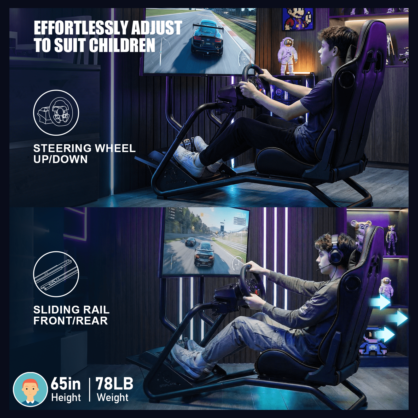 GTPLAYER Racing Simulator Cockpit with Monitor Stand, Racing Style Reclining Seat with Bluetooth Speakers, Black