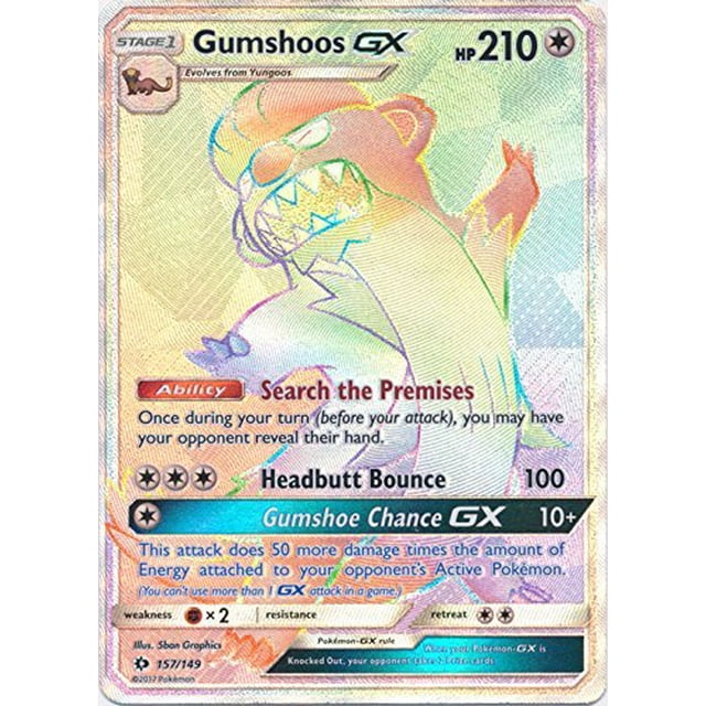 Tarjeta Pokémon Gumshoos GX 157/149, base secreta y rara en forma de sol y luna