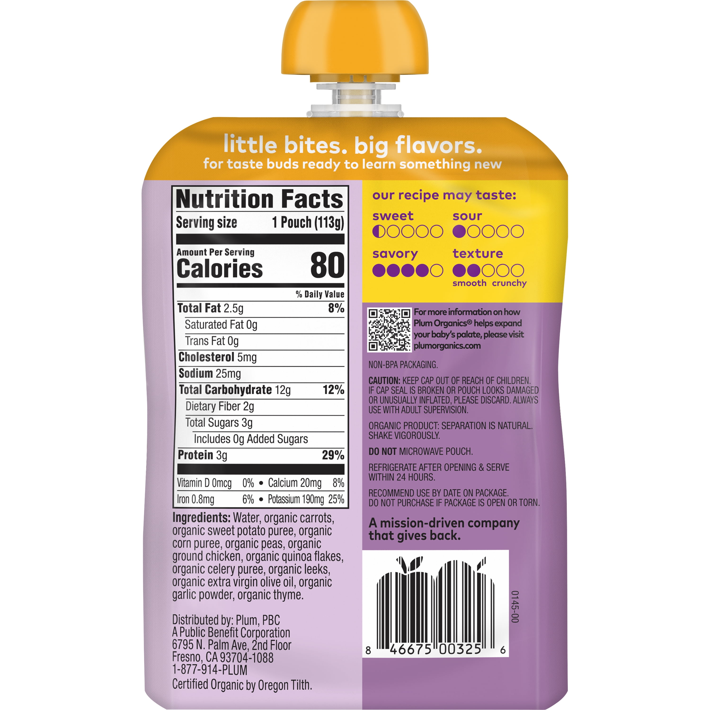 Plum Organics Stage 3 Organic Baby Food, Carrot, Sweet Potato, Corn, Pea and Chicken, 4 oz Pouch - Case of 12