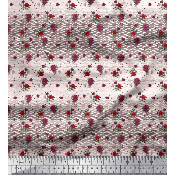Soimoi Red Cotton Duck Fabric Maze & Rose Floral Print Fabric by Yard 42 Inch Wide
