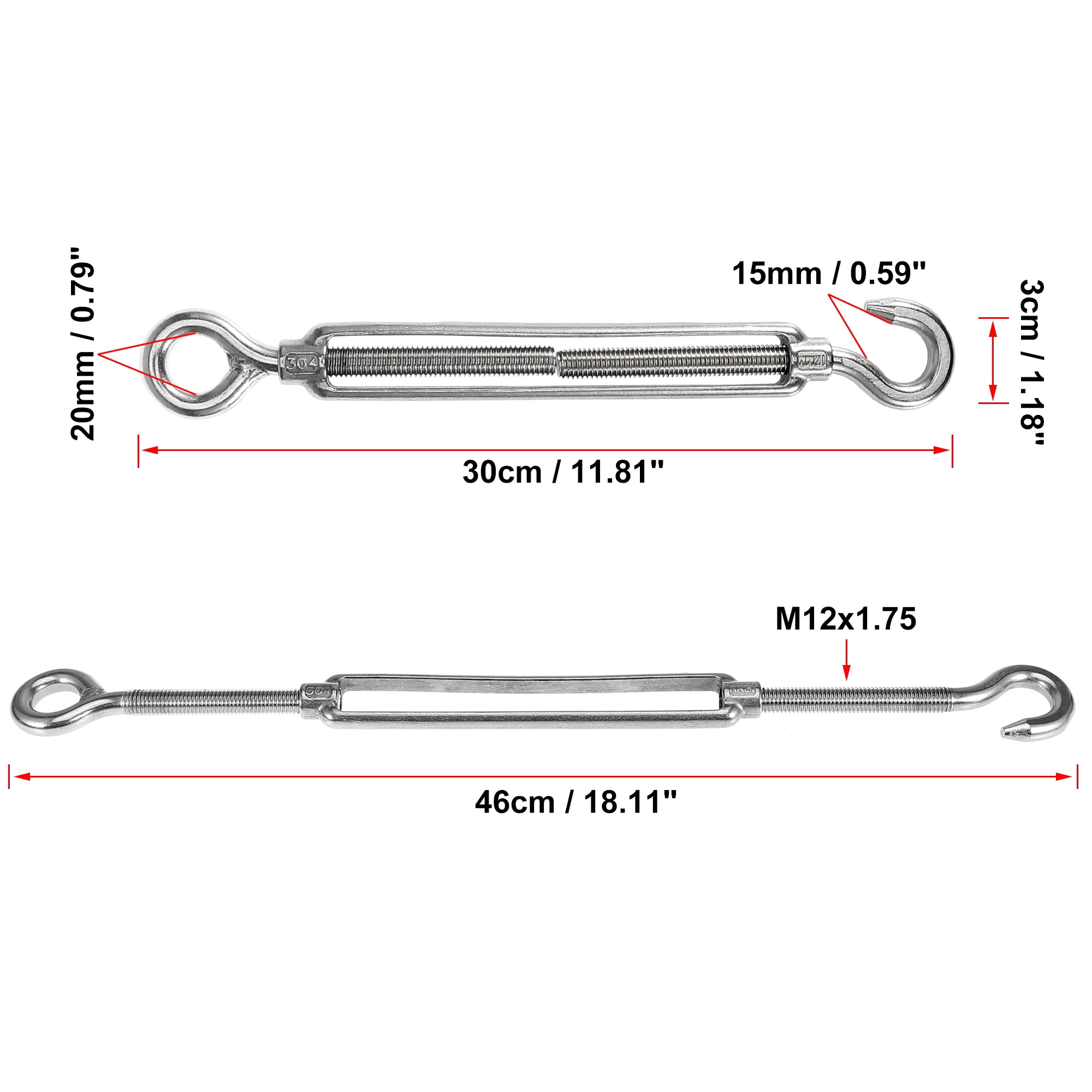 FUNSUEI 3 Pack M12 Stainless Steel Hook & Hook Turnbuckle, Heavy Duty Hook & Hook Turnbuckle for Tensioning Wire Rope, Rope, Chain