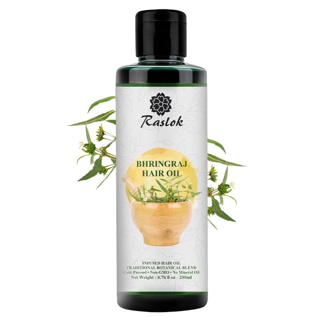 Aceite para el cabello Raslok Bhringraj 6.76 fl oz -200ml | Mezcla botánica ayurvédica con Amla Neem Hibiscus y Brahmi | Prensado en frío | Sin OGM | Sin aceite mineral | Hecho en la India