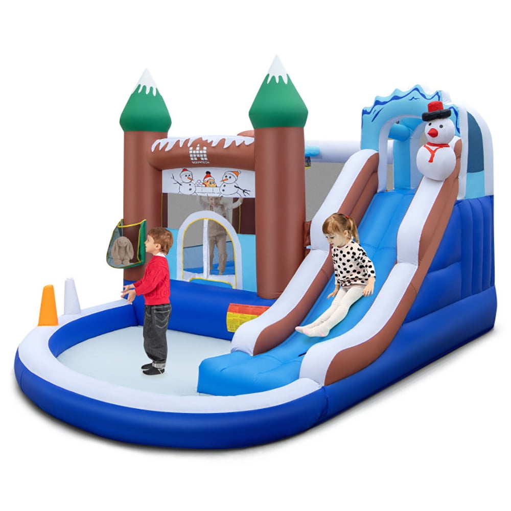 GVN 6-in-1 Winter Theme Snowman Inflatable Castle with Slide and Trampoline without Blower, Bounce House with Blower, Inflatable Jump Bouncy Castle for Kids