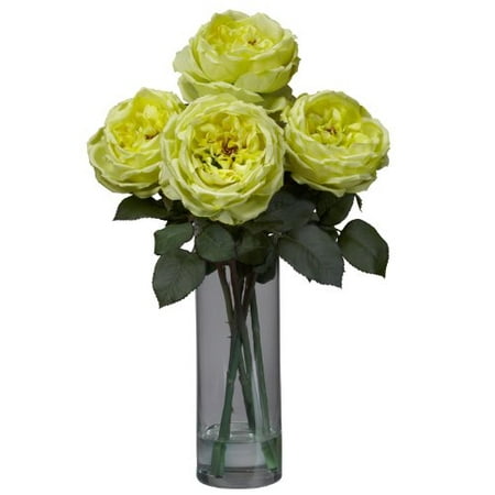 Nearly Natural Fancy Rose Silk Flower Arrangement with Cylinder Vase  Yellow Nearly Natural Fancy Rose w/Cylinder Vase Silk Flower Arrangement