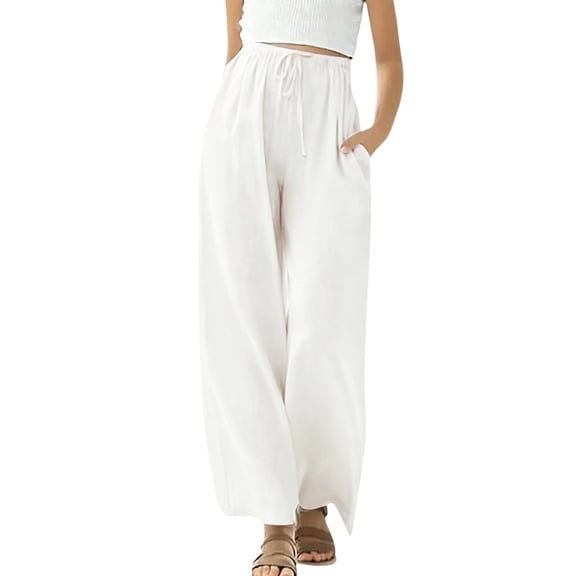 Posijego Teens Girls Wide Leg Pants Drawstring High Waisted Cotton Linen Pants Summer Beach Vacation Palazzo Pants with Pockets