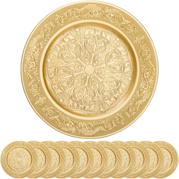 12 Pack Gold Charger Plates, 13 Inch Gold Round Chargers for Dinner Plates, Decorative Dinner Chargers, Antique Plastic Table Chargers & Service Plates for Wedding Holiday Party, Large