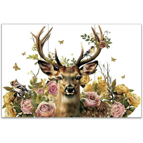 3Pcs/Set Deer Rub on Transfers for Crafts and Furniture 6x12 Inch Flower Furniture Transfer Stickers Butterfly Bird Waterproof Decorative Wall Decal for Wood Furniture Scrapbooking Decor DIY