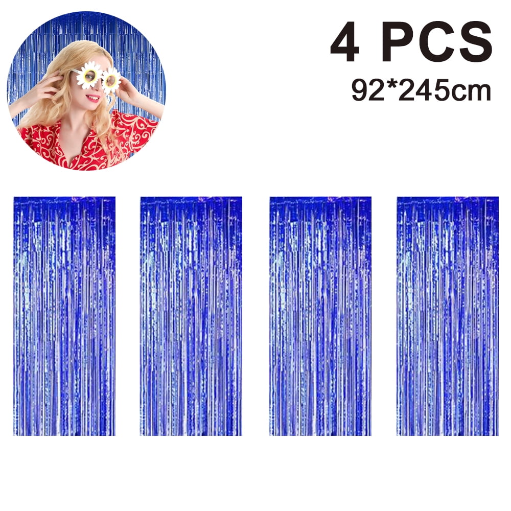 4 Pcs Metallic Tinsel Foil Fringe Curtain for Photo Booth Props, Birthday, Wedding, Holiday Celebration Party Blue