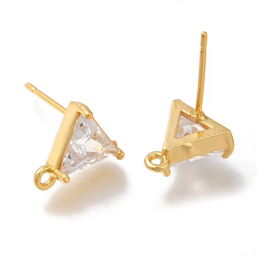 30 pc Brass Clear Cubic Zirconia Stud Earrings Finding for Women Triangle with Loop Real 18K Gold Plated 10x9mm Hole: 1.2mm Pin: 0.7x12mm