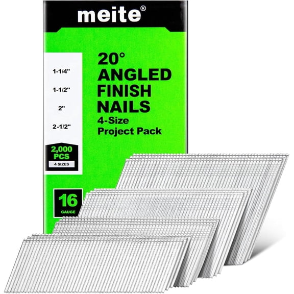 4 Size Project Pack - MEITE 16 Gauge 20 Degree Angled Finish Nails Galvanized 2000 Count/Box