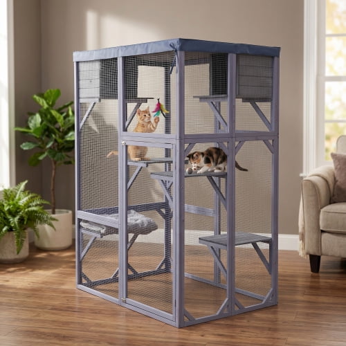 Outdoor Wooden Cat Enclosure with 4 Platforms and 2 Napping Houses, Multi-Level Cat Cage with Stepped Design for Patio Balcony, Gray