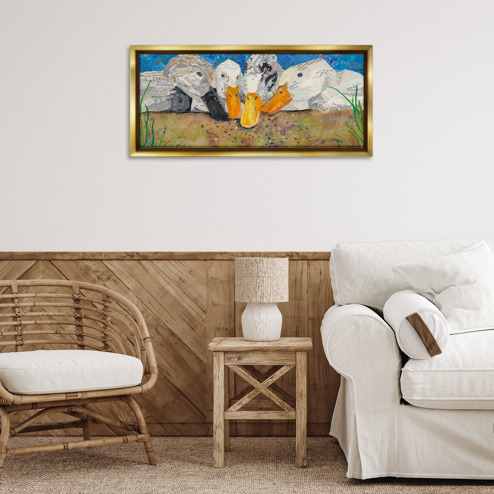 Stupell Industries Just Ducky Collage Animals Painting Gold Floater Framed Canvas Art Print Wall Art, 31 x 14