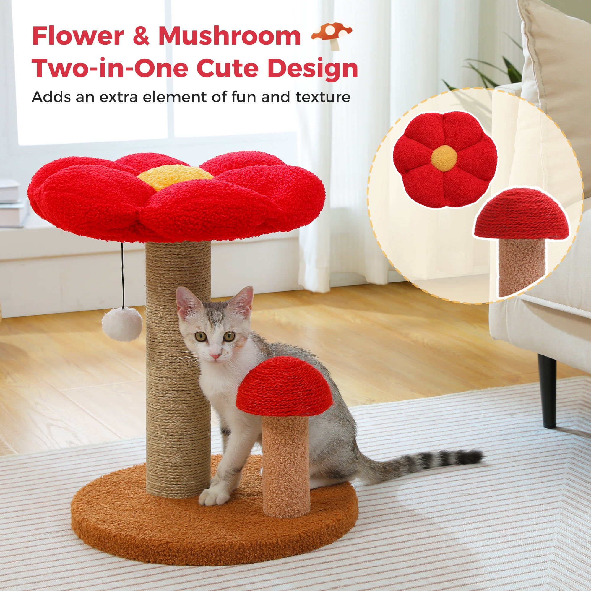 PEQULTI 19.7" Flower Cat Scratch Post, Cat Tree Tower with Removable Perch for Kittens and Small Cats, Brown