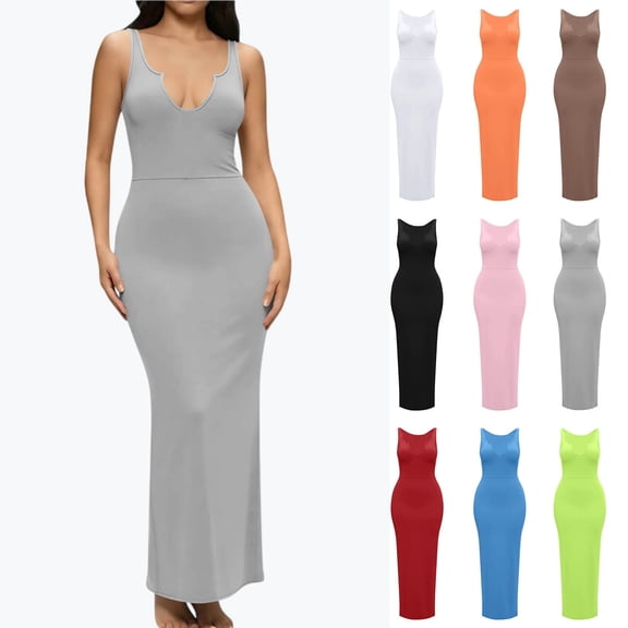 YgkuHd Women's Deep V Neck Sleeveless Bodycon Maxi Dress - Sexy Form Fitting Casual Long Dress for Party & Evening Wear (S-XXL)