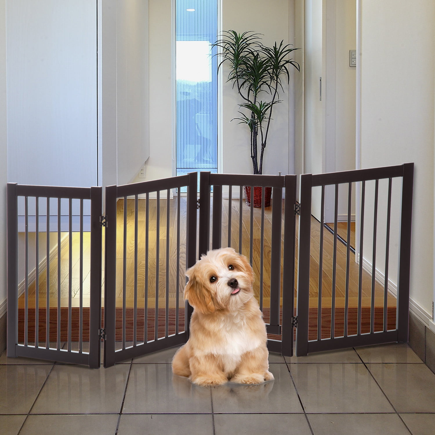 Espresso Total Win Freestanding Pet Gate for Dogs with 2PCS Support Feet Indoor Pet Puppy Safety Fence Foldable Wooden Dog Gates for Doorways Stairs