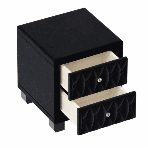 Elegant Velvet Nightstand with 2 Drawers and Crystal Knobs, Button-Tufted Storage Bedside Table, Black