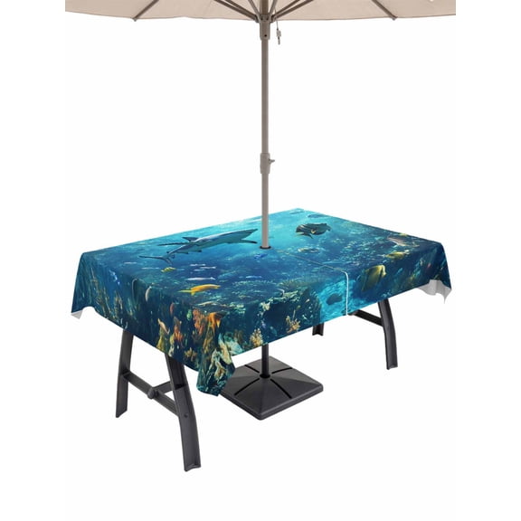 60x84 Inch Outdoor Tablecloth with Umbrella Hole Zipper Rectangle Ocean Seabed Rectangular Tablecloths Outside Waterproof Summer Blue Retro Coastal Coral Patio Table Cloth Cover for Picnic Party