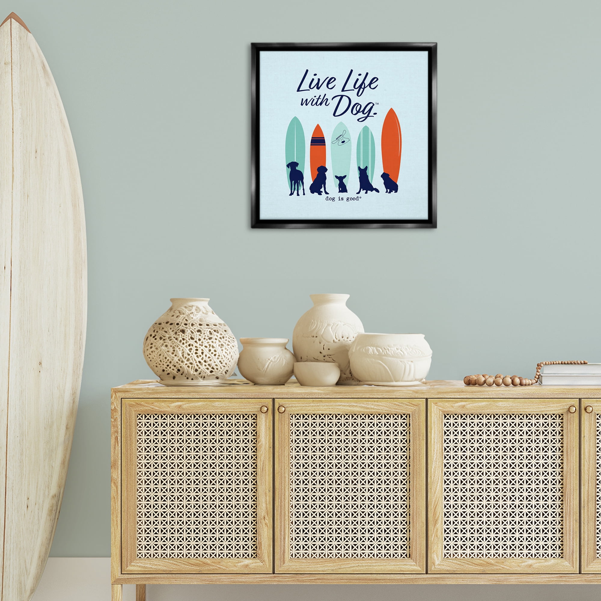 Stupell Industries Surfboards & Dogs Phrase Animals Painting Black Floater Framed Canvas Art Print Wall Art, 25 x 25