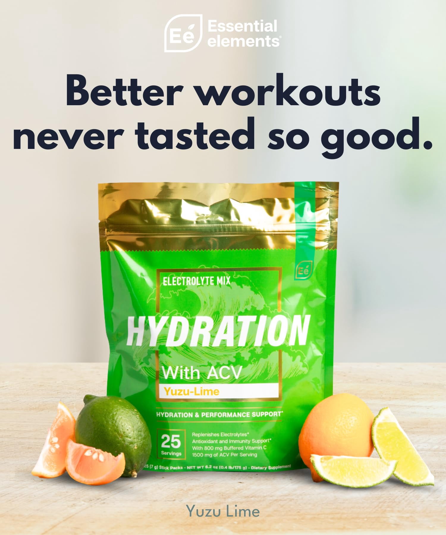 Essential Elements Hydration Packets - Yuzu Lime - Electrolytes Powder No Sugar - Electrolyte Drink Mix - Superior Hydration with ACV & Vitamin C - 25 Stick Packs
