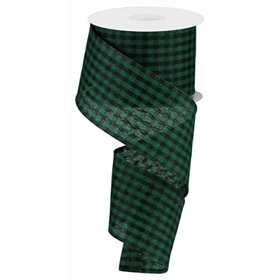 Christmas Gingham Check Stripe Canvas Wired Edge Ribbon - 10 Yards (Black, Emerald Green, 2.5")