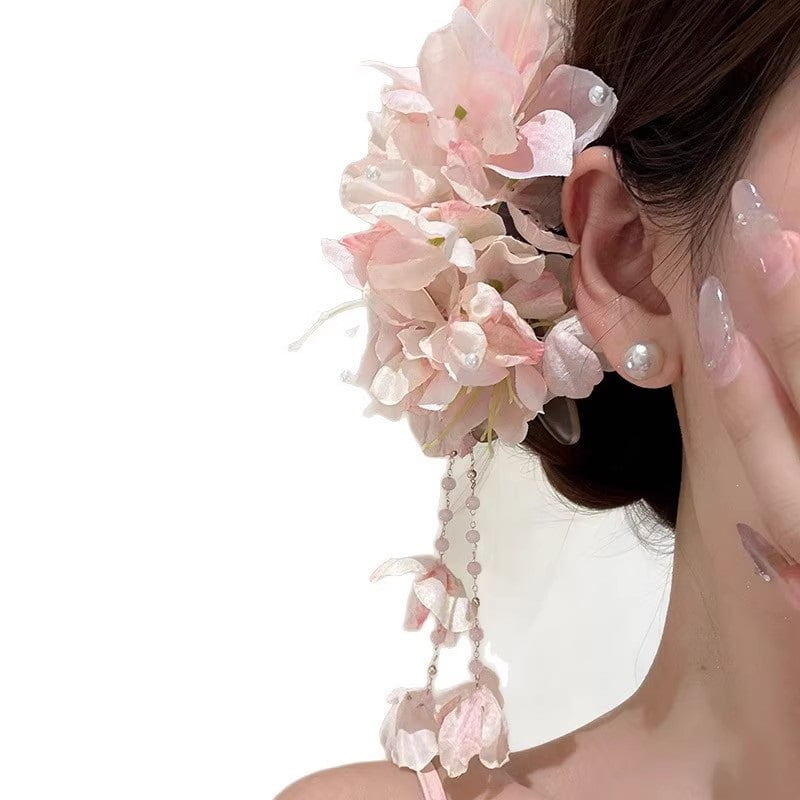 Super fairy pink flower tassel hair clip for women, high-end large size summer vacation photo-ambient hair accessory