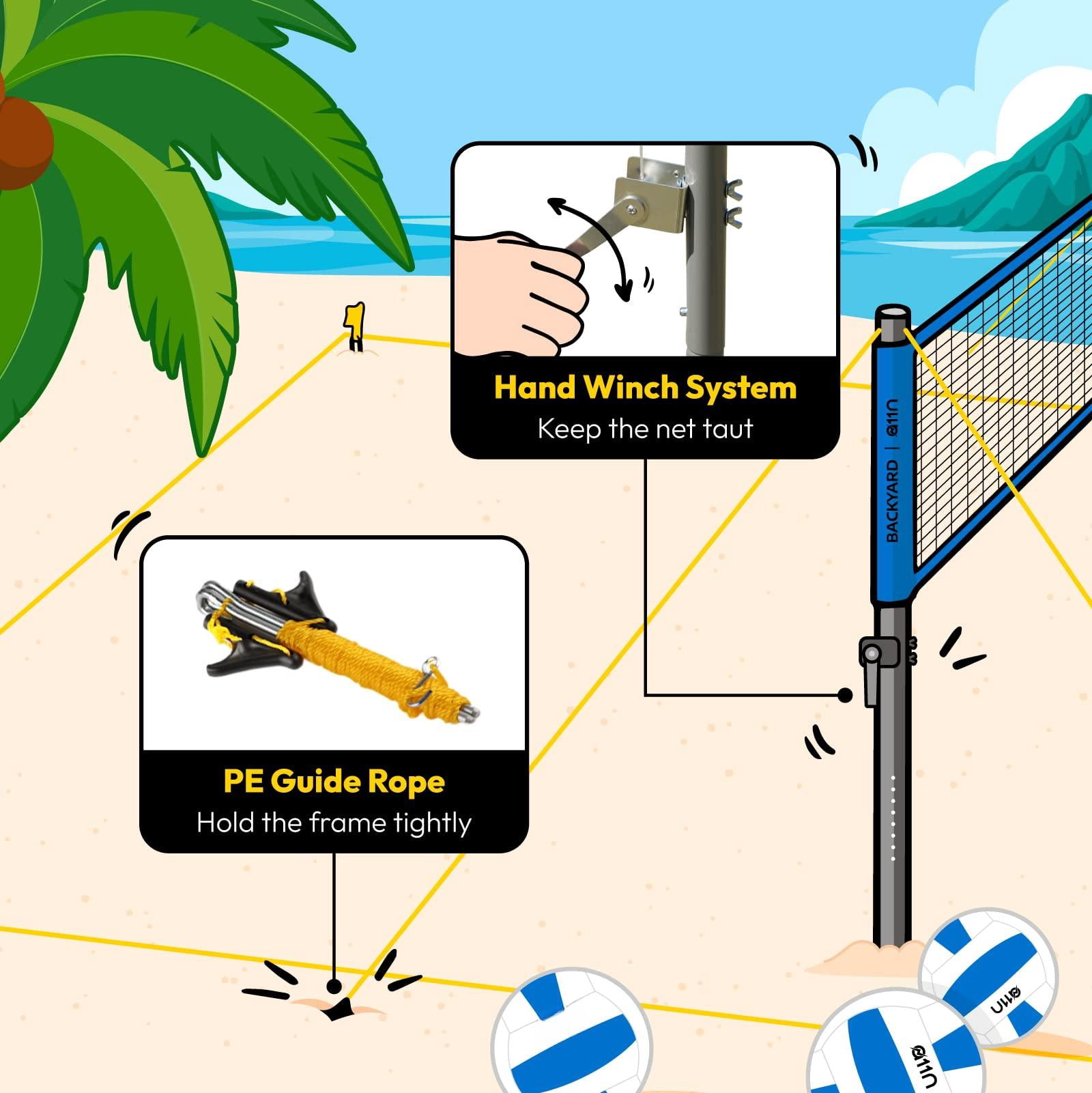 Outdoor Volleyball And Badminton Combo Set - Includes Adjustable Height Anti-sag Net  Air Pump 4 Rackets 2 Shuttlecocks Boundary Line Marker Carrying Bag