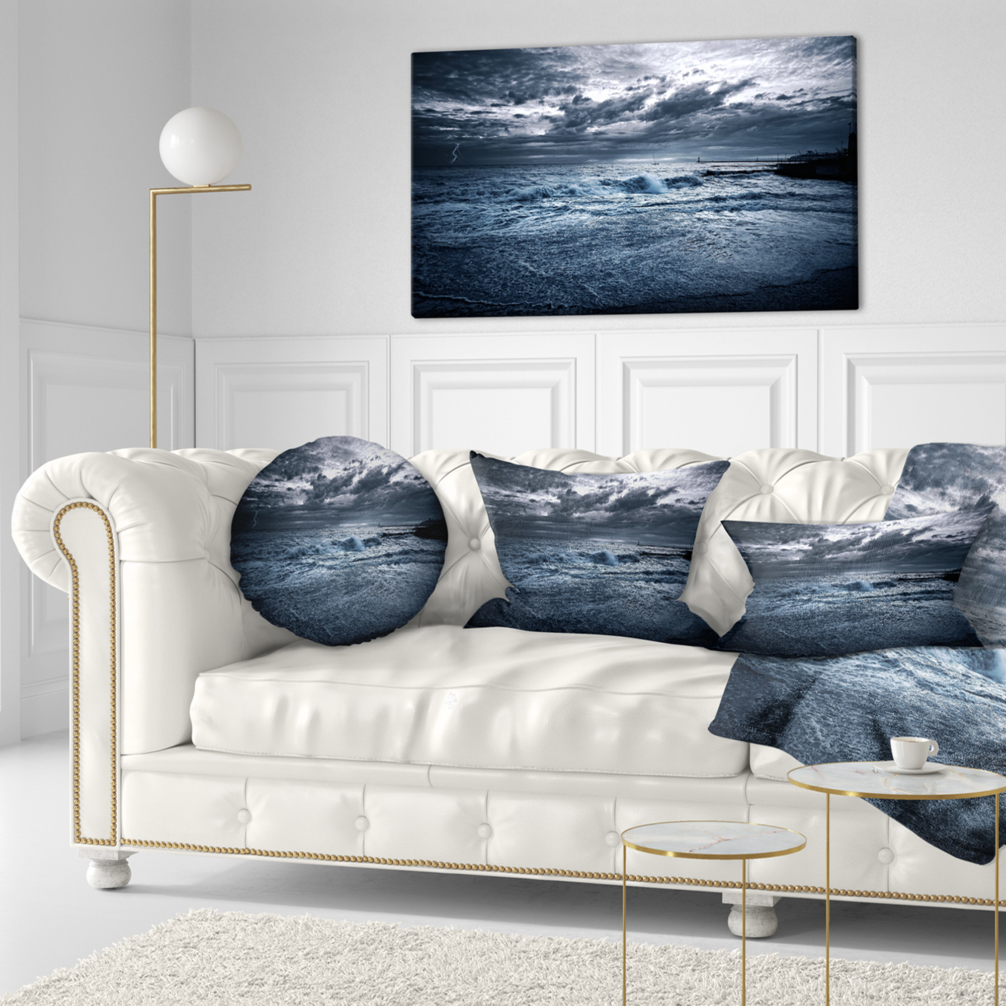 Designart Sochi Sea Storm in Blue - Modern Landscape Printed Throw Pillow - 12x20