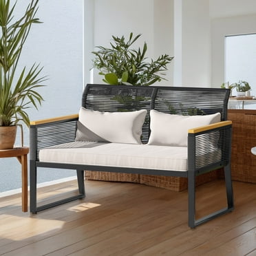 ModFusion Light Gray Outdoor Patio Loveseat Sofa with Cushions and Black Metal Frame, Indoor/Outdoor