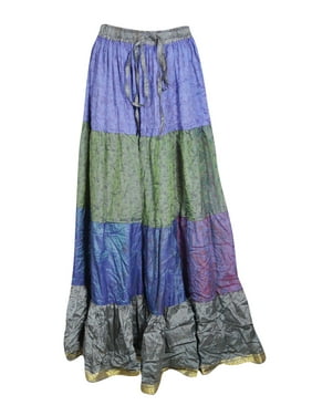 Mogul Women Maxi Skirt Vintage Tiered Full Flared Recycle Sari Printed Gypsy Summer Beach LONG Skirts M/L