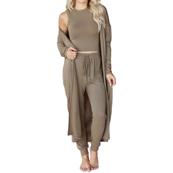 3 Piece Lounge Sets for Women Airplane Travel Outfits 2025 Fall Cardigan Sleeveless Top Pants Sets Khaki L