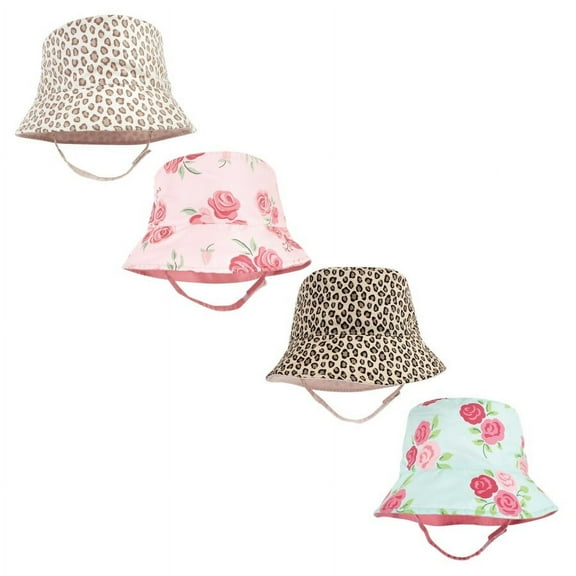 Hudson Baby Infant Girl 4Pc Sun Protection Hat, Blush Rose Leopard Mint Floral Leopard, 0-12 Months