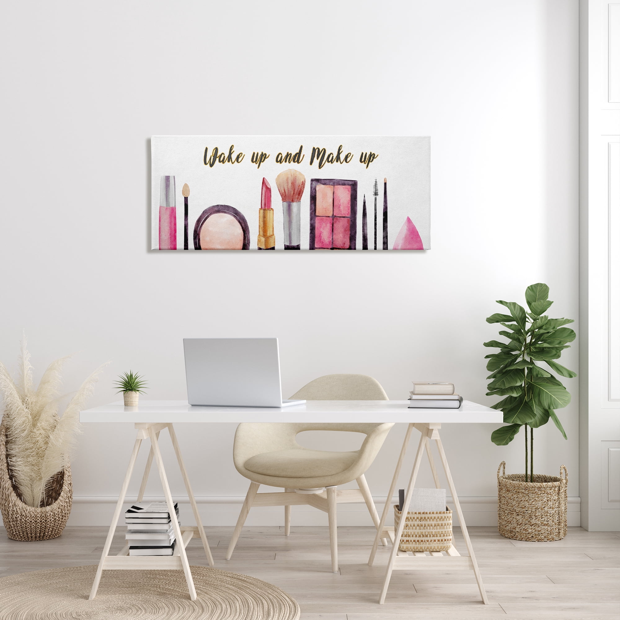 Stupell Industries Wake Up Make Up Watercolor Pink Grey Fashion Word Design, 20 x 48,Design by Ziwei Li
