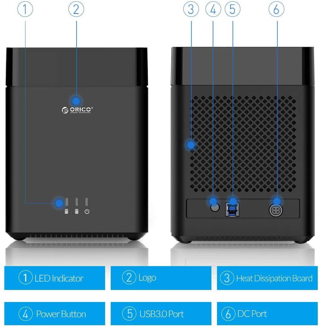 ORICO Dual Bay External SATA Hard Drive Docking Station USB3.0 to SATA 5Gbps Magnetic 3.5" USB Hard Drive Enclosure SSD/HDD Docking Station Support 2*18TB Max UASP with 12V/4A Adapter