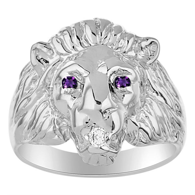 RYLOS Lion Head Ring with Gemstone Eyes & Diamond Mouth – Fun Designer Rings in Sterling Silver Amethyst Jewelry Size 6