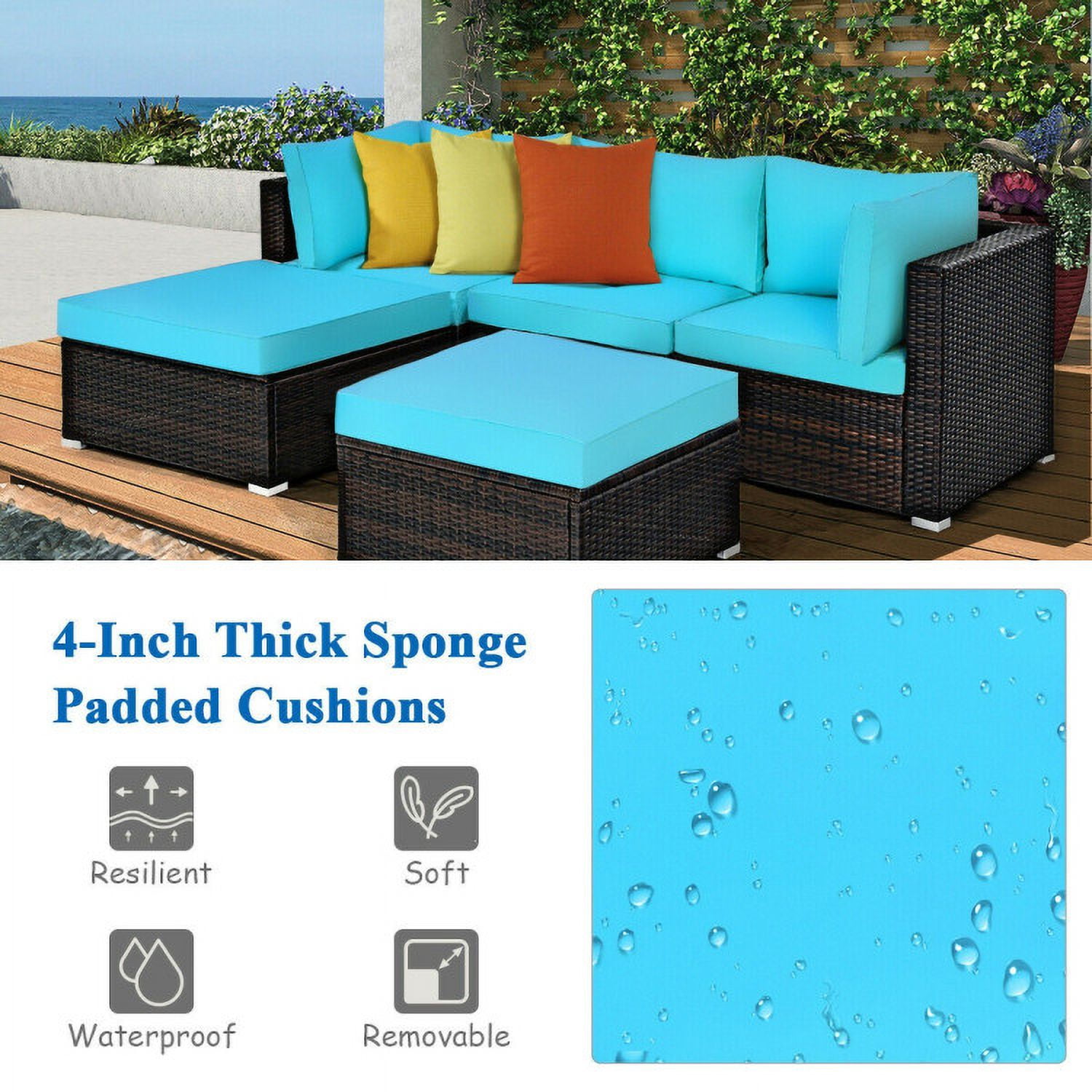 Aimee Lii 5 Pieces Patio Rattan Sectional Conversation Ottoman Furniture Set, Outdoor Patio Set, Blue Aimee Lii 5 Pieces Patio Rattan Sectional Conversation Ottoman Furniture Set, Outdoor Patio Set, Blue