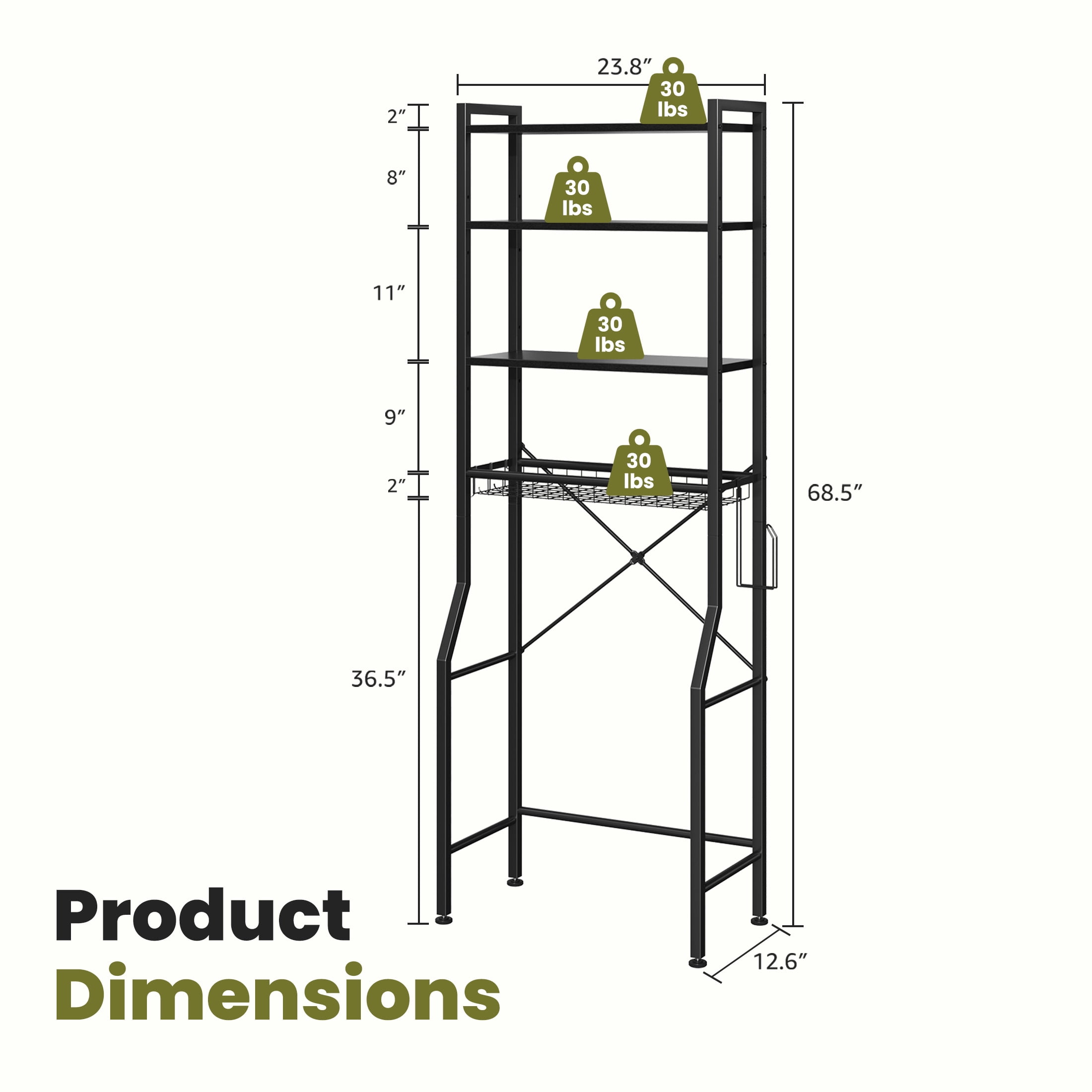CONCETTA 4-Tier over the Toilet Bathroom Storage Rack, Adjustable Space Saver Organizer with Shelves, Basket & Hooks, Black